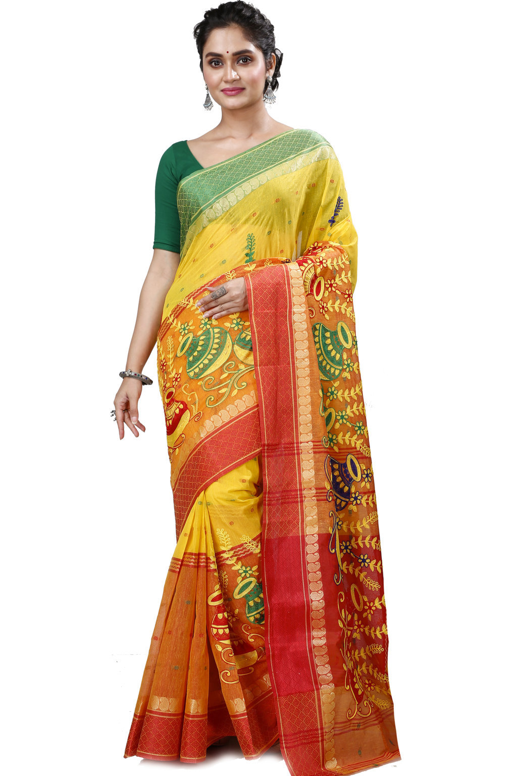 Yellow Red Pure Cotton Embi_Ganga_Buti Tant Embroidery (1001)